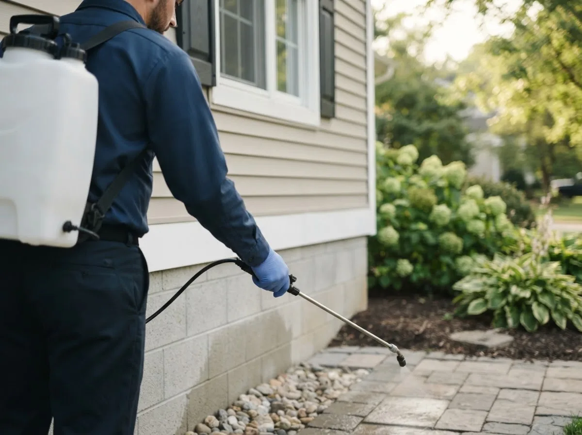 Pest control technician inspecting a home in Stonington, IL